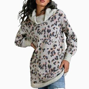 ANTHROPOLOGIE Sweater Emma Mock Neck Animal Long Sleeve Pullover Grey XS 78-19